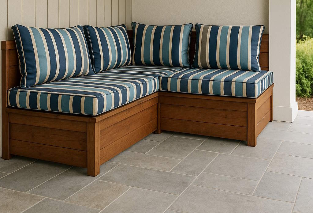 Пошив сидений из уличной ткани в полоску на веранду